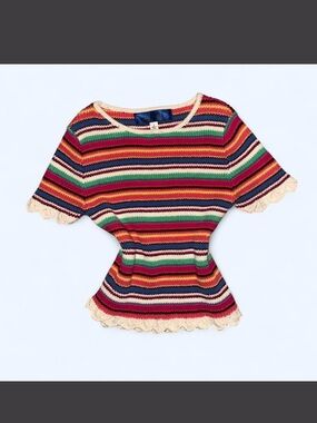 Multi-Stripe Crochet Short Sleeve Top